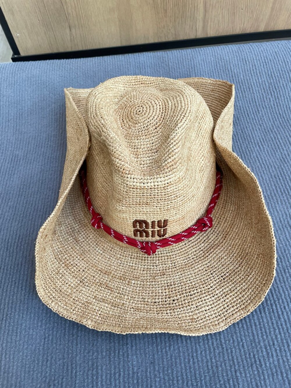 Miu Miu Raffia Cowboy Sun Hat Embroidered Logo Red Cord Band Wide Brim Hat